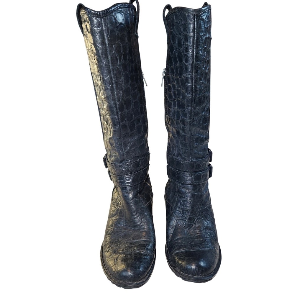 BØRN Lewisa Leather Riding Boot Womens 7.5 Black Textured Croc Embossed Heeled - Picture 5 of 11